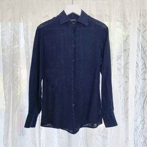 Authentic KENZO HOMME Slim Fit navy blue linen casual collared button up shirt